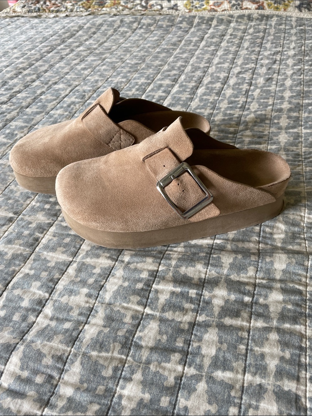 MIA Taupe Suede Platform Mules with Buckle